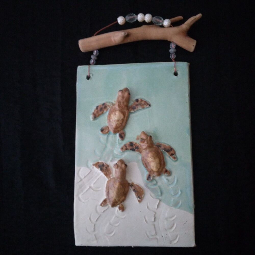 Handpainted Baby Sea Turtles in the Sand 3D Ceramic Wall Art 7.5"×5" Signed